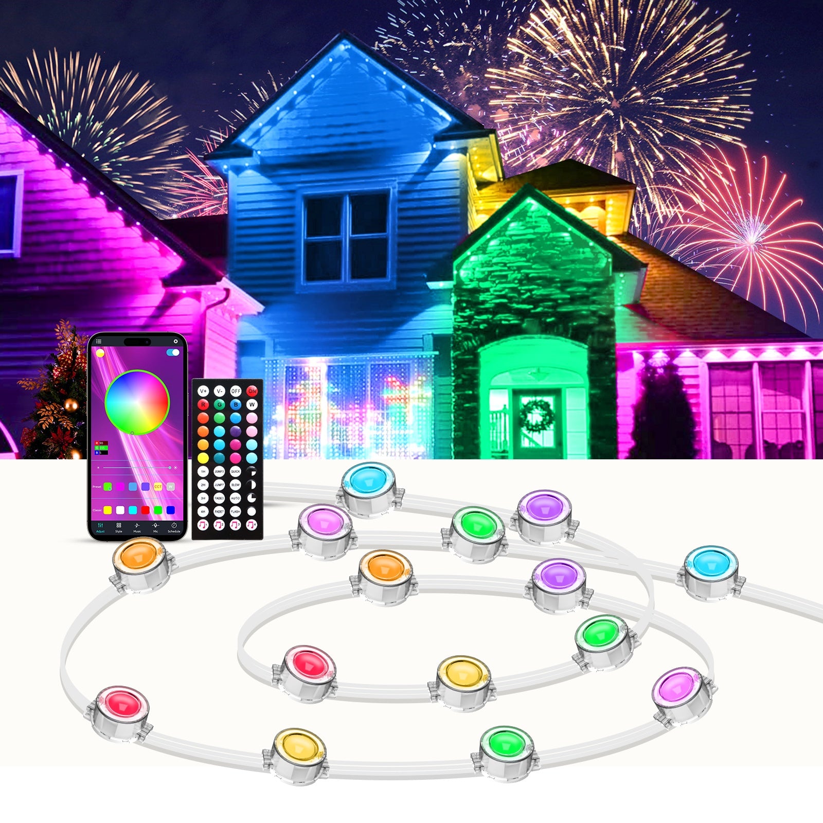 50ft/100ft/200ft/300ft/500ft Permanent Outdoor Light, Smart RGB Eave Light, with APP/remote Control, High Quality, Music Synchronization And Timing Function, for Partys, New Year, Christmas And All Holiday Decor