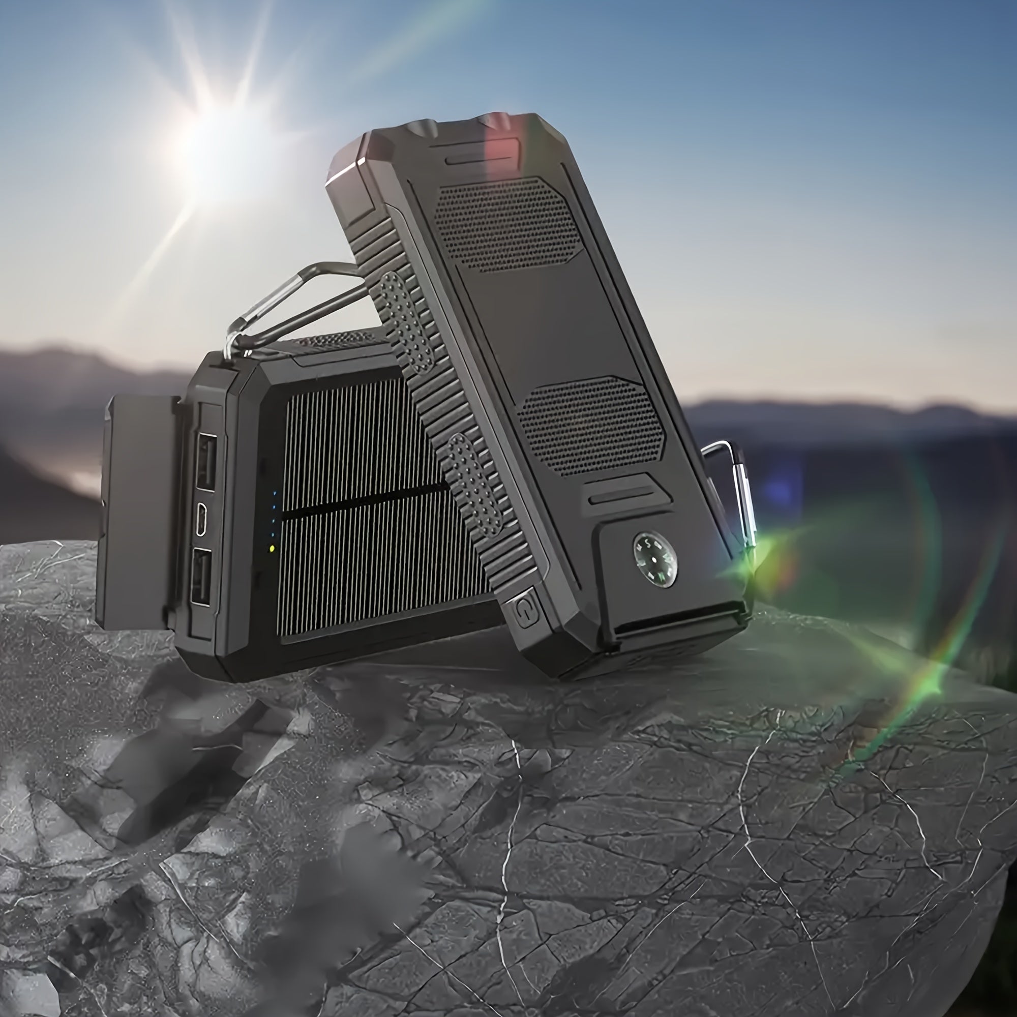 Portable Solar Mobile Phone Charger, Camping External Battery Charger For Mobile Phones, 2 USB/ LED Flashlights With Compass For Outdoor Activities, 20000mAh/40000mAh Portable Solar Power Bank