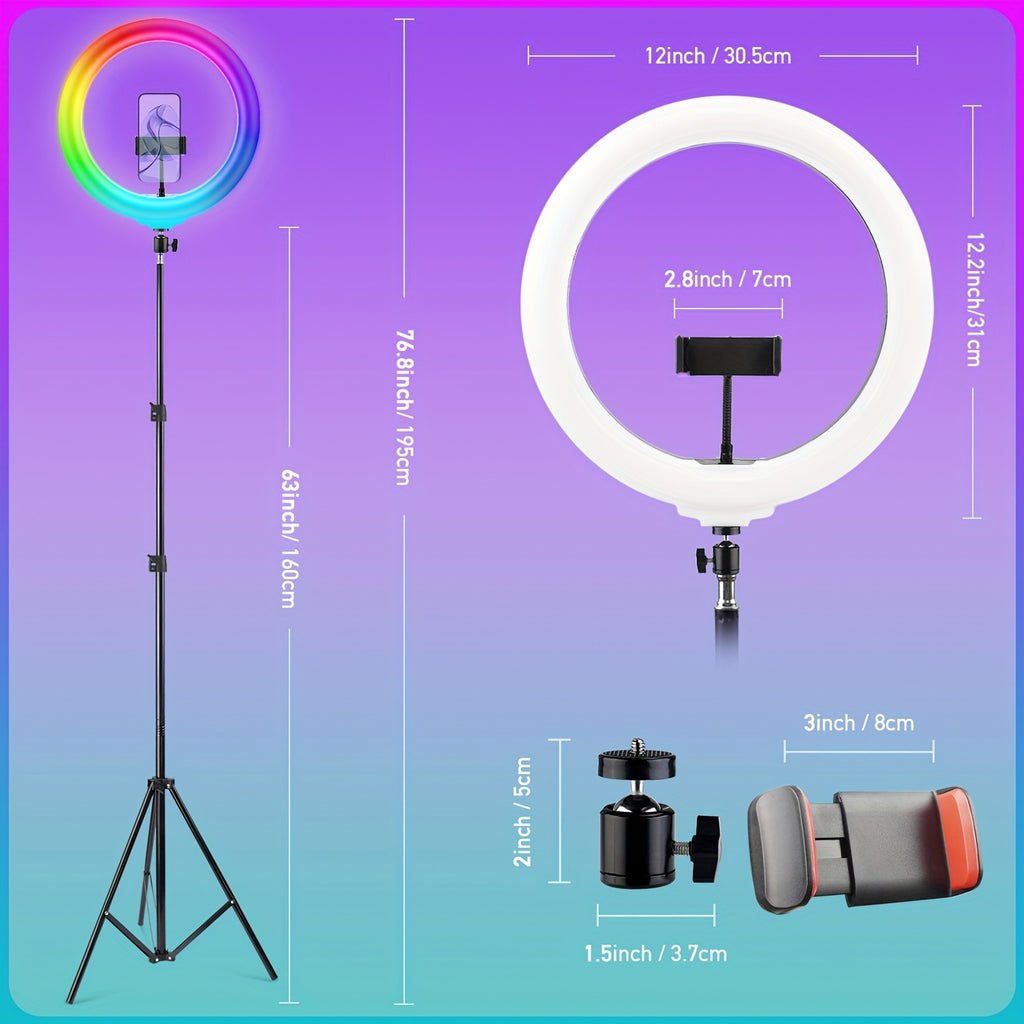 UEGOGO 12" Adjustable Ring Light with 63" Adjustable Tripod, Dimmable RGB LED, USB Power, Control, Selfie And  Lighting, with Phone Stand And Gimbal Clamp, Portable And Durable, for Makeup, Live Streaming