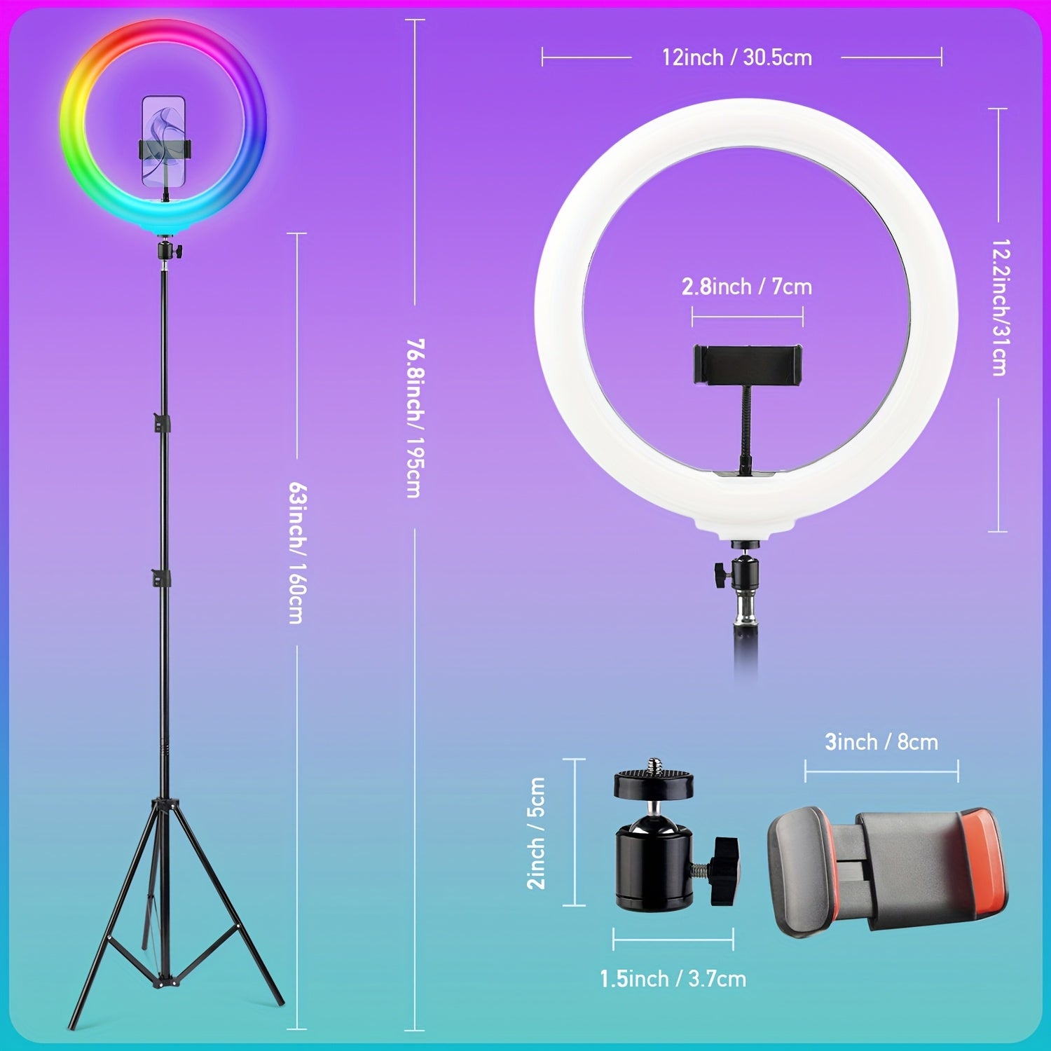 UEGOGO 12" Adjustable Ring Light with 63" Adjustable Tripod, Dimmable RGB LED, USB Power, Control, Selfie And  Lighting, with Phone Stand And Gimbal Clamp, Portable And Durable, for Makeup, Live Streaming