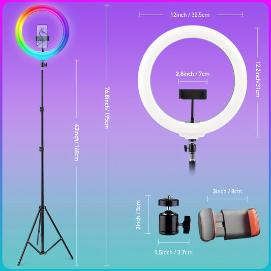 UEGOGO 12" Adjustable Ring Light with 63" Adjustable Tripod, Dimmable RGB LED, USB Power, Control, Selfie And  Lighting, with Phone Stand And Gimbal Clamp, Portable And Durable, for Makeup, Live Streaming