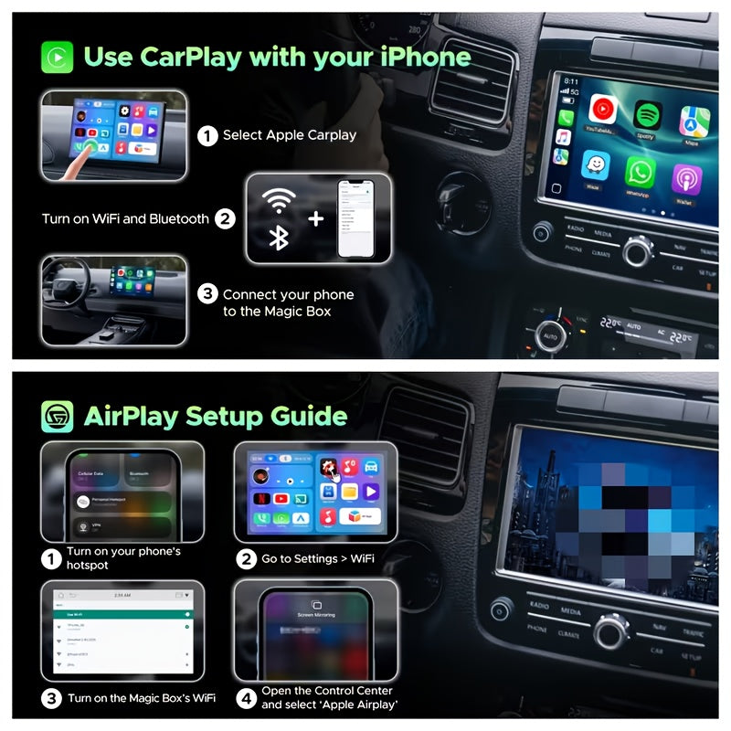 The 3-in-1 Magic Media Box Supports Netflix/YouTube/TikTok Streaming. Equipped With A Wireless CarPlay Adapter And USB Port, It Is Compatible With Factory-installed Wired Apple CarPlay And Android Auto Systems. Note: Wireless CarPlay Requires IOS 10