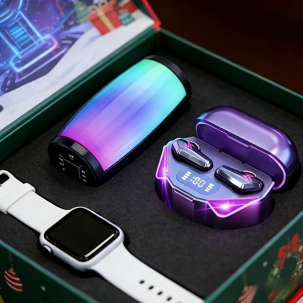 3/4pcs Set (1 Touch Control Black Gaming Headset + 1 Smart Speaker + 1 Wireless Bluetooth Earbuds with Free Fashion Watch) New High-Quality Luminous Gaming Headset (No Gift Box), Long-Lasting. Surround Sound, Immersive Experience. No Gift Box