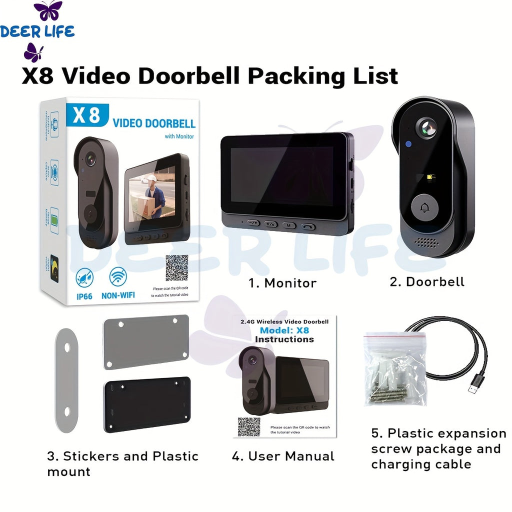 Smart HD WiFi Doorbell, High Quality High-Quality Wireless Camera with Night Vision, Voice Converter, Photos & Videos, 4.3-Inch Screen, 365-Day Standby, Infrared Night Light, Expandable to 128GB Storage, Auto-Recording and Live Call, Home Pet