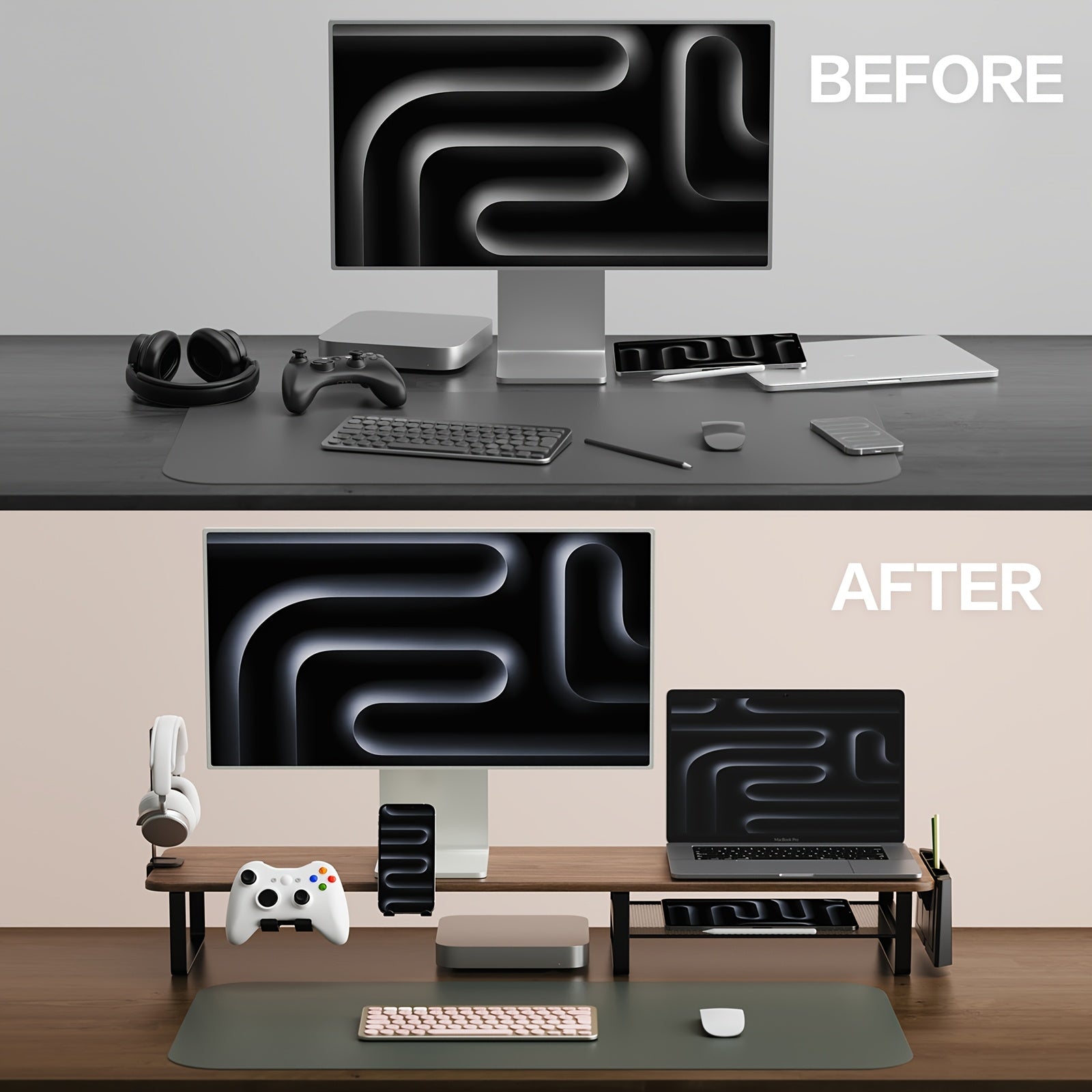 [Monitor Stand Organizer] A Versatile Monitor Stand That Includes a Headset Holder, a Stand for Phones And Tablets, And a Game Controller Holder, Designed to Organize Your Desktop for Computer Monitors, Laptops, Gaming, And Office Use