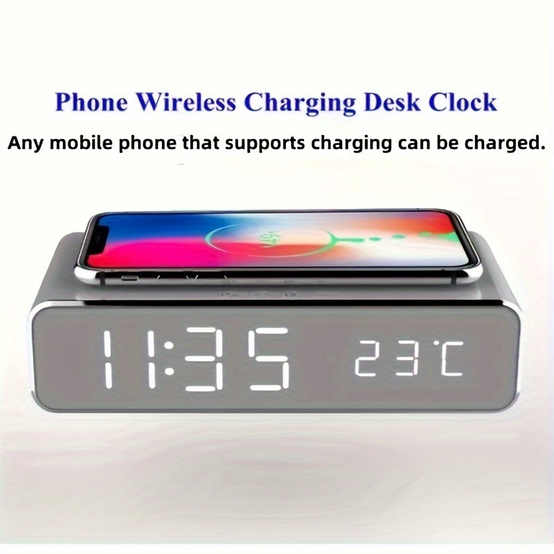 Wireless Charger with LED Alarm Clock and Thermometer Three-in-One Stylish Control Design Suitable for Home or Office Use