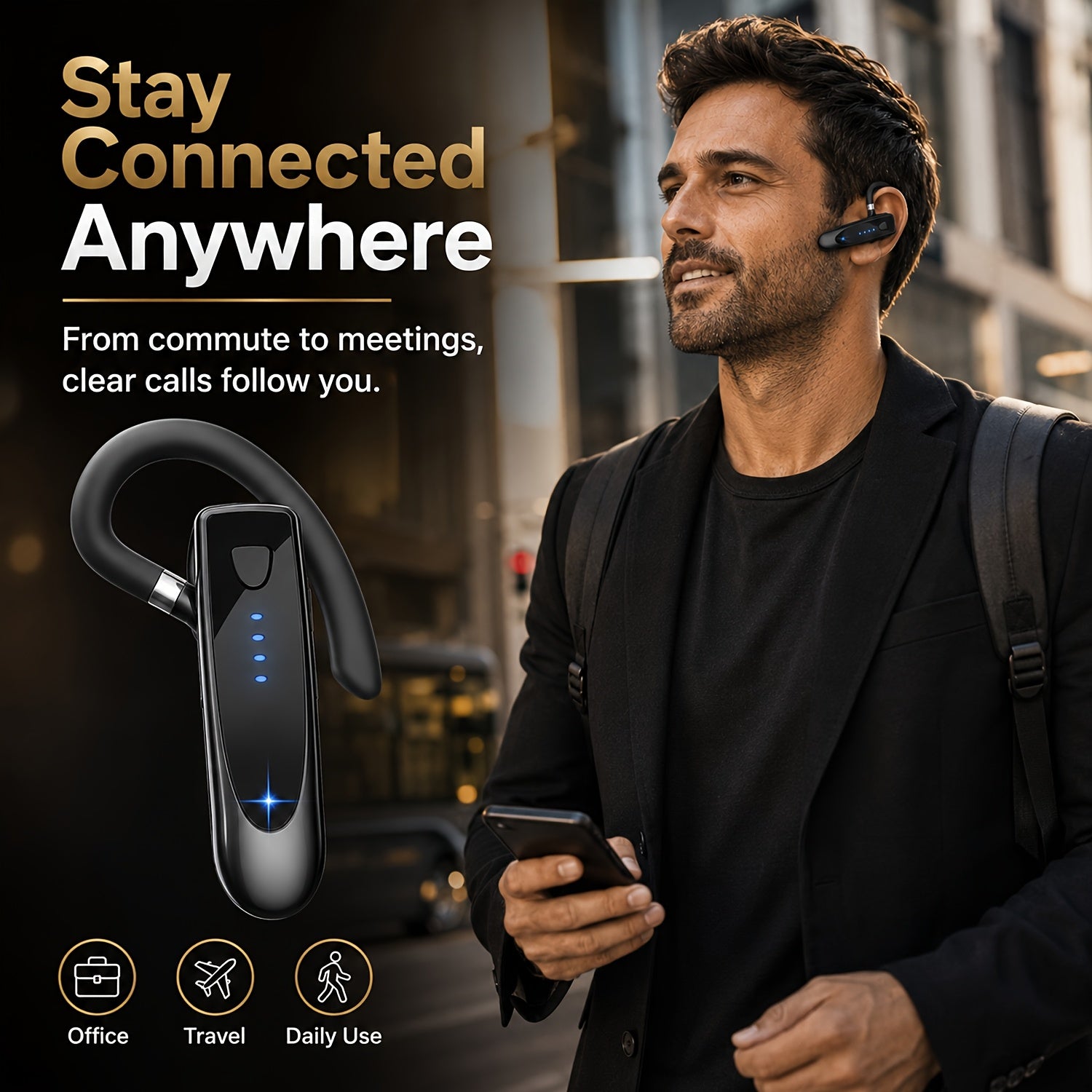 Wireless Bluetooth Headset, 29 Hrs Playback 180 Hrs Standby Handsfree Earpiece with Mic for Trucker Driver Office, Connect 2 Devices for iPhone Android Samsung Laptop