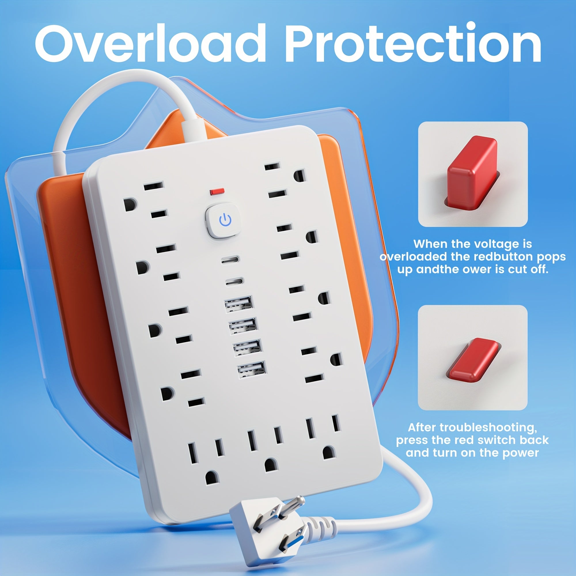 17-in-1 Flat Plug Power Strip Surge Protector with 11 Spacious AC Outlets and 6 USB Ports (including 2 Type-C) with Overload Protection