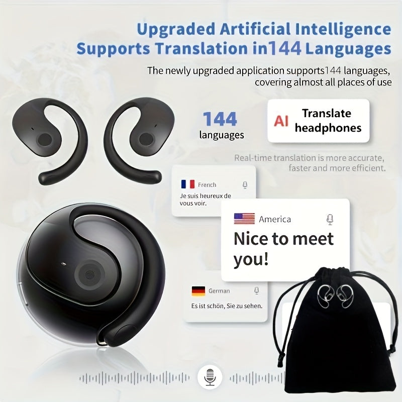 Ai-Powered Real-Time Translation Earbuds, Two-Way Interpreter for 144 Languages, Rechargeable Via USB Or Battery, Ideal for Travel, Business, Shopping, Learning, Carrying Pouch Included