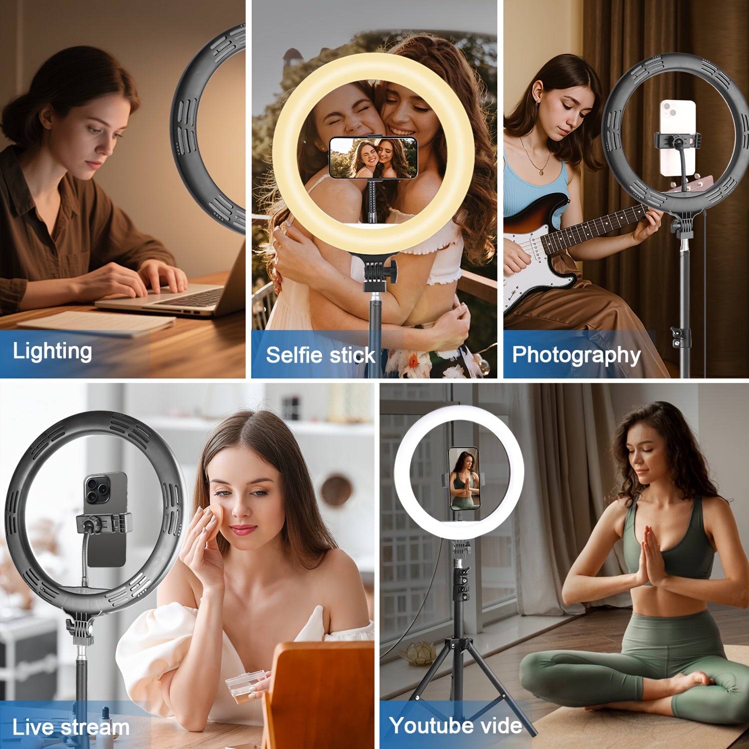 [ZOMEI] 10/12-Inch LED Selfie Ring Light, Compatible with Dual Phone Clips/Adjustable Bracket - 3 Color Modes, 12 Brightness Levels, USB Powered, Phone Stand/Ring-shaped Fill Light- Ideal for Makeup, Photography & Video, Selfie Stick for Phone
