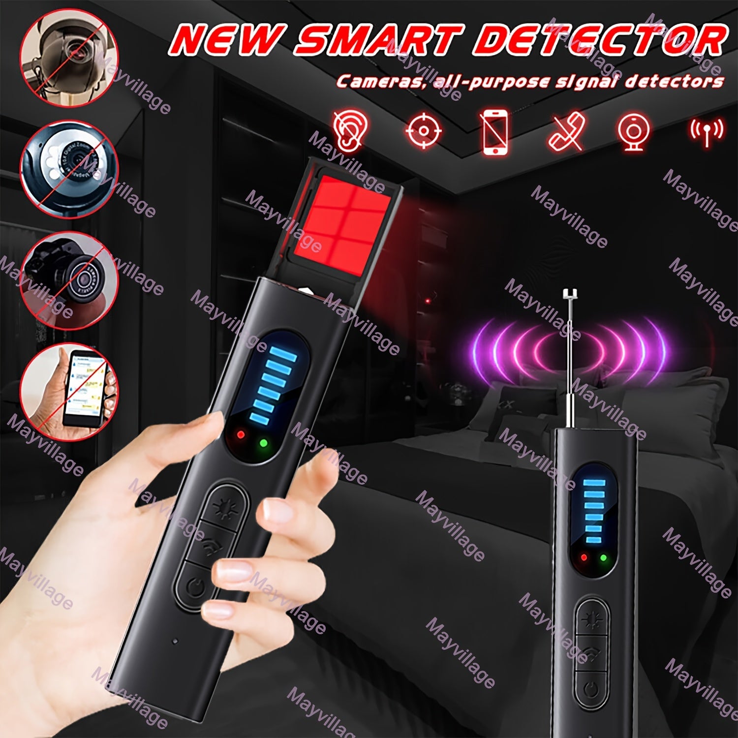 Portable Devices for Detecting Hidden Cameras And Anti-Spy RF Signals, Designed to Protect Your Privacy by Locating GPS Trackers And Wireless Eavesdropping Equipment in Various Settings Such As Cars, Homes, Hotels, Bathrooms, During Travel, And in Offices