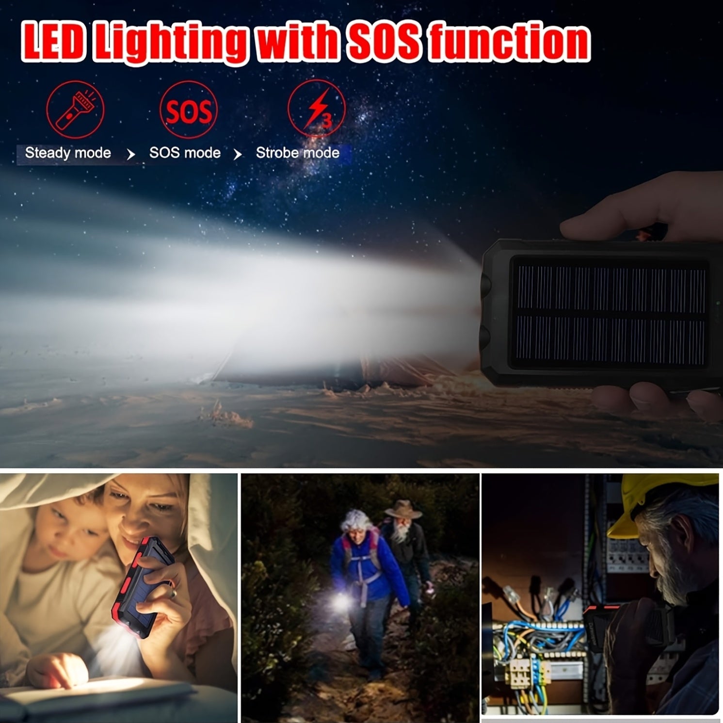 [Outdoor Camping] 20000Mah USB Portable Charger Solar Power Bank, Dual 5V USB Port Output for All Mobile Devices Built-In Flashlight with Compass for Outdoor Camping Emergency Use, Power Bank Portable Portable Power Bank Solar Power Bank Battery Power Ban