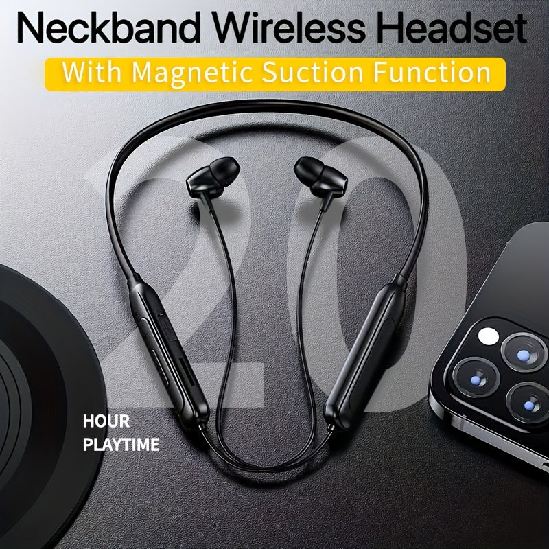 Sports Neckband Magnetic Wireless Headset High Sound Quality with Microphone 20H Playtime/230mAh Long Standby In-Ear Noise Cancelling Earbuds Headphones Pluggable Memory Card
