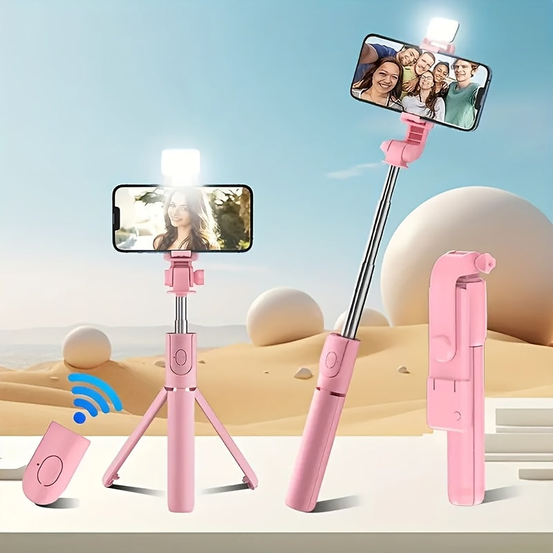 Expandable Selfie Stick for Phones Featuring an Integrated Fill Light, Designed for Professional Live Streaming. This Wireless Remote-Controlled Tripod Rotates 360° And Is Perfect for Hiking, Travel, Vlogging, And Outdoor Activities