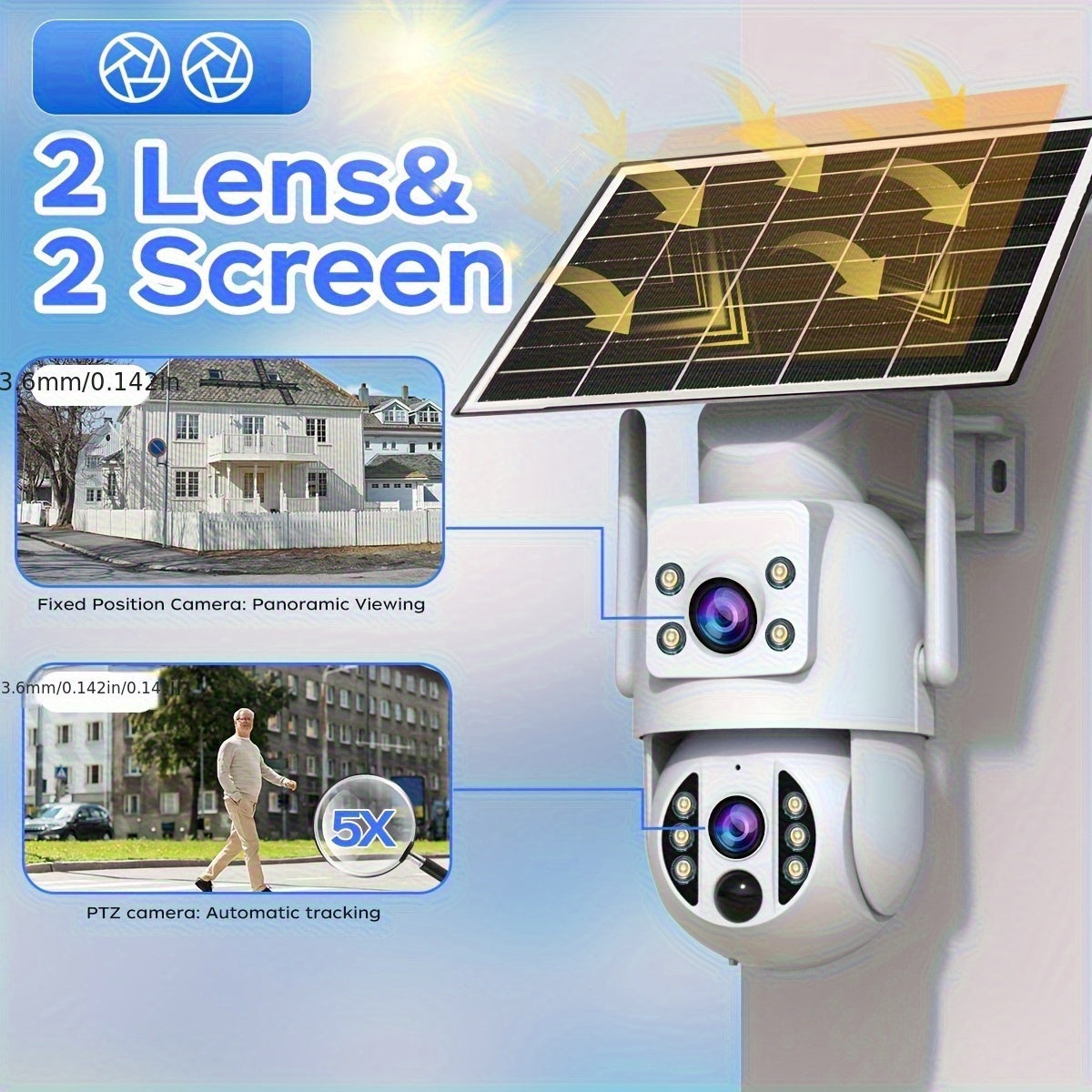 JOOAN Solar-Powered Outdoor Surveillance Camera Featuring 360° PTZ View, Dual Lenses & Display, 1296P HD Quality, Two-Way Communication, Motion Detection Alert, Color Night Vision, Rechargeable Battery, Wall Mounting, Wifi/Sd Storage