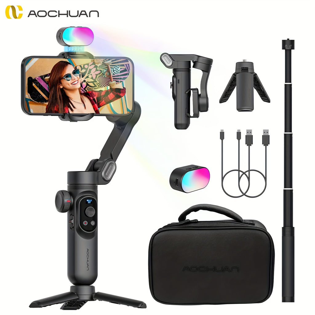 AOCHUAN Professional 3-Axis Gimbal Stabilizer for Smartphone W/Rgb Fill Light Extension Rod OLED Display Wireless Charging for Iphone 15 14 13 Pro/Max Youtube (Smart X Pro Combo1)