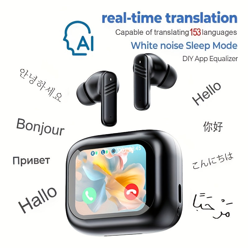ANC Noise Cancelling AI Translation Headphones, Multi-Chinese Translation, with LCD Screen, In-Ear Comfortable Wear, Suitable for Business Meetings, International Travel