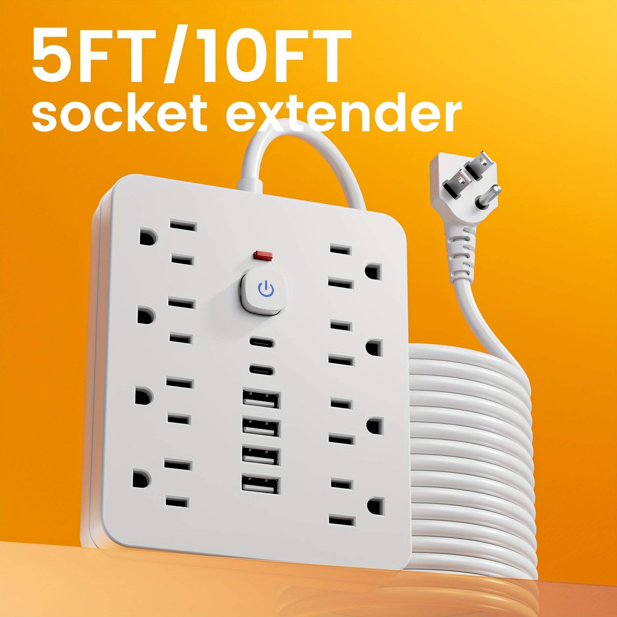 14-in-1 Power Strip with Surge Protector - 8 AC Outlets And 6 USB Ports (2 USB-C)|Flat Plug, Space-saving Design, Wall-mountable Multi-function Power Extension Cord, Overload Protection for Home, School And Office. Available In 5ft Or 10ft