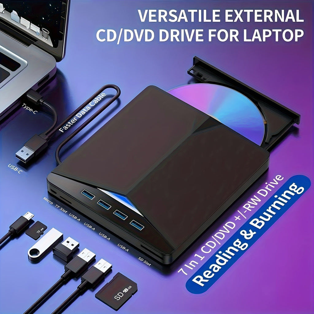 7-in-1 USB- External DVD Drive with 4 USB Ports & Dual TF/Sd Card Reader - High-Speed CD/DVD Burner Suitable for Laptops, Macs, PCs, Compatible for Windows 11/10/8/7, Linux, for, Office, Travel, USB- Operation
