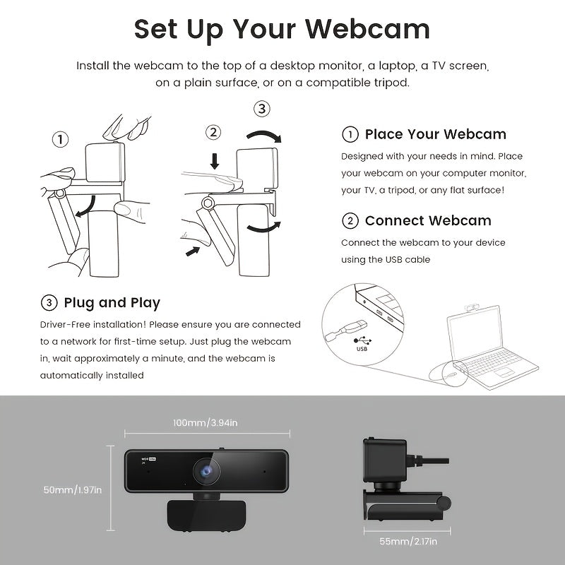 Nuroum V11 2K Webcam Compatible for Zoom/ Meet/Hangouts - 1440P HD Video, 360° Rotatable Conference Camera with Dual Mic, USB-Powered, Privacy Shield & NearSync Software for PC/Laptop (/) - Low,