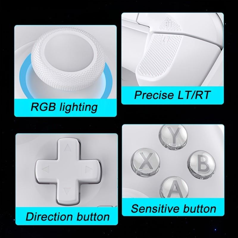 [RGB PC Controller] Wireless PC Controller, Featuring RGB Lighting/ Programming Keys/ Hall Joystick/ Hall Trigger/ Vibration, Three-Mode Switch Controller, Suitable For Windows PC, Android, Switch, Steam (Does Not Fit Xbox). A 1.5m Data Cable. Works Via P