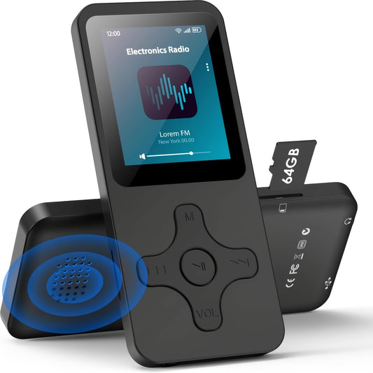 [Portable Wireless5.0] MP3 Player With Wireless & 64G Micro SD Card Build-In Speaker Wireless 5.0 Portable MP3 FM Radio Photo E-Book Reader 1.8 Inch Screen Supports Up To 64GB (Black)
