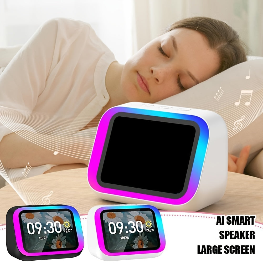 AI Smart Speaker, Smart Alarm Clock with Wireless Speaker & Dynamic RGB Light, Hi-Fi Stereo Sound, HD Smart Display, Answer/Make Call, Voice Assistant, Period Tracker, 2500mAh Battery, Portable Speakers - Charging Bedside Digital Clock