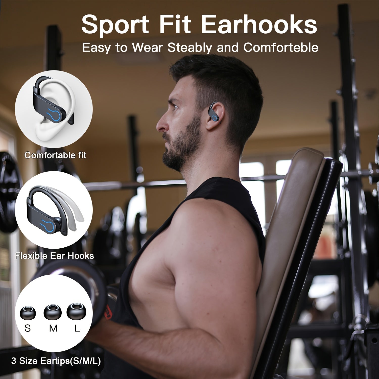 True Wireless Bluetooth Headphones with Microphone, In-Ear Wireless Earbuds, TWS In-Ear Over-Ear Headphones, Featuring ENC Noise Reduction, Touch Control for Volume, Wireless Ear Hooks, LED Charging Case Display, Semi-Open Back Cover