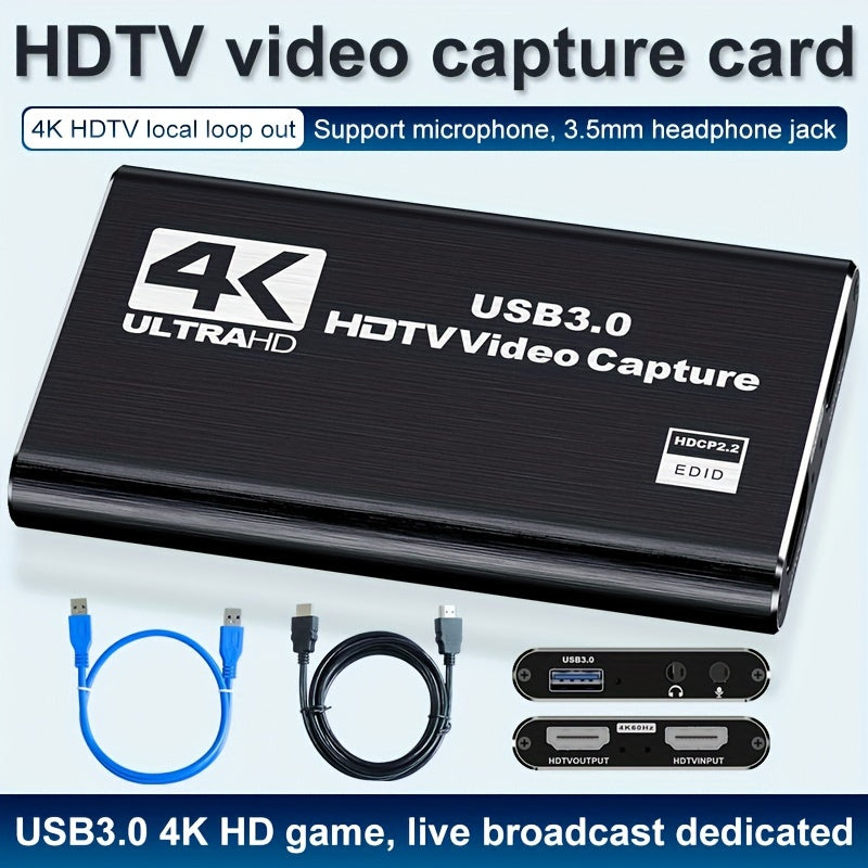 4K HDTV Capture Card for Streaming, Audio Video Capture Card with Microphone 4K HDTV Loop-Out, 1080P 60fps Video Recorder for Gaming/Live Streaming/Video Conference, Works for Nintendo Switch/PS4/OBS/Camera/PC