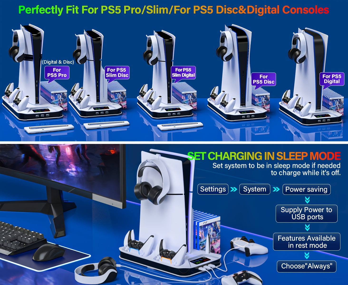 for PS5/Slim/Pro Cooling Station with Controller Charging Station for Playstation 5 Slim&Standard Disc/Digital Console, for PS5 Slim Stand Cooler Accessories Incl Cooling Fan/3 USB Hubs/Headset Holder/Screw - Christmas Gifts