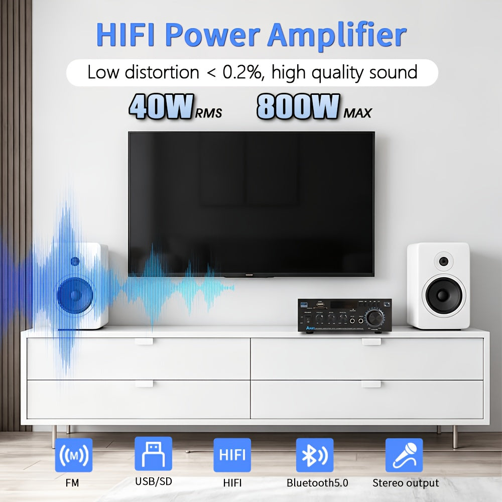 [Bluetooth 5.0 Amp] AK45 Bluetooth 5.0 Audio Receiver, 400W 2 Channel Power Amplifier System, Home Stereo Karaoke Amp With FM Radio, USB, MMC & SD Card Player, Support Passive Ceiling/Garage/Home Theater Speakers