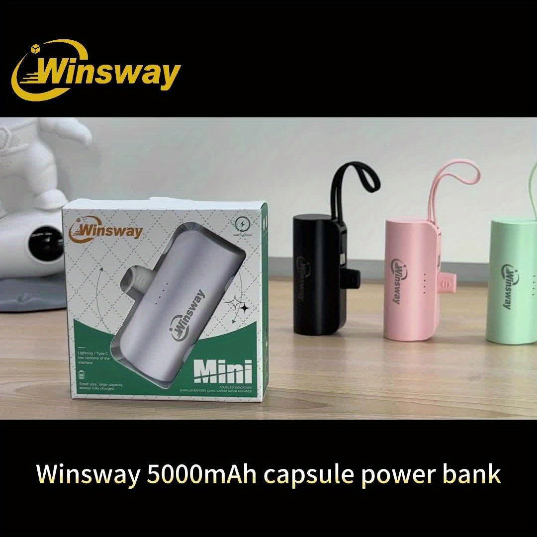 WINSWAY Dual Port 5000mAh Capsule Mini Pocket Mobile Power Bank, Portable Fast Charging Wireless Phone Holder Charger, Comes with Type-C Data Cable, Can Charge Two Phones At The Same Time, Compatible with Android, Samsung And Other Devices, Suitable