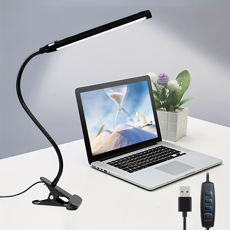A Clip-On LED Desk Lamp Suitable for Home Office Use, Offering Three Lighting Modes And Ten Brightness Settings, with a Long Flexible Gooseneck And Swing Arm for Focused Lighting, Powered by USB, in Black Color
