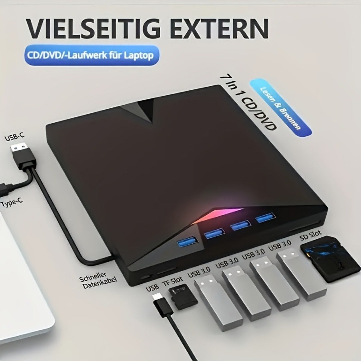 7-in-1 USB- External DVD Drive with 4 USB Ports & Dual TF/Sd Card Reader - High-Speed CD/DVD Burner Suitable for Laptops, Macs, PCs, Compatible for Windows 11/10/8/7, Linux, for, Office, Travel, USB- Operation