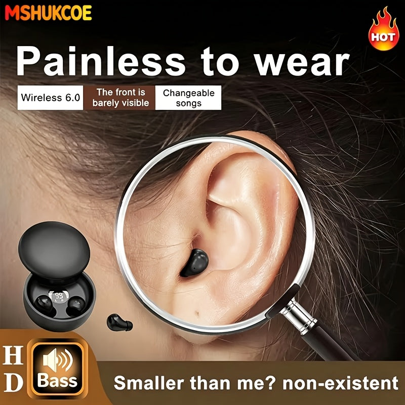MSHUKCOE Invisible Sleeping Headphones - Ultra Small Mini In Ear Sport 6.0 Bluetooth Wireless Earphones, 6D Bass Sound Effect HIFI Music Earbuds, Low Latency, Dual Noise Reduction, And Sleep/Game Mode, Birthday Gifts for Couples, Students, And Adults