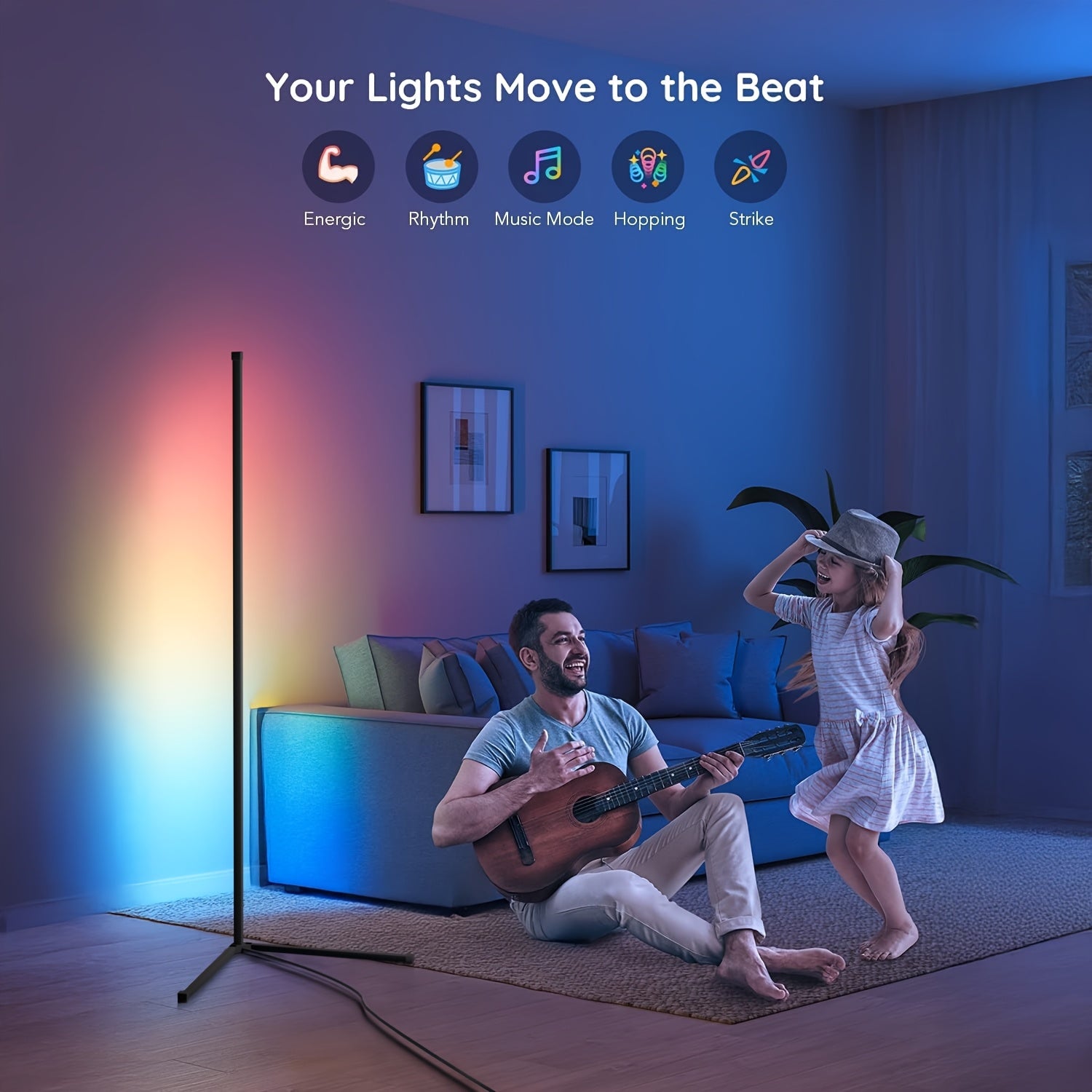 [RGB Smart Light] LED Corner Floor Lamp - 16 Million DIY Color Changing, RGB Smart Modern Light Adjustable 56 Inches (Approx. 142cm) with Remote and APP Remote Control, USB Powered, Four Modes Sync with Music, for Game Room, Bedroom, and Holiday Decoratio