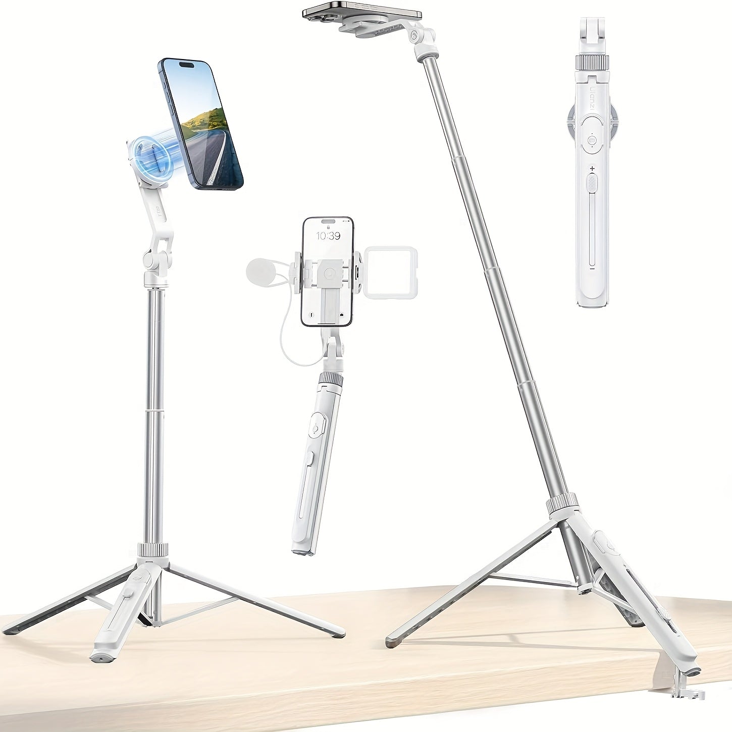 ULANZI TT88 Extendable Phone Tripod, 57" Magnetic Selfie Stick Stand with 2-in-1 Phone Clip, 2 Cold Shoe Mount Lightweight Travel Tripod Compatible with iPhone, for Vlogging Video Recording Mobile Photography, Portable Phone Holder, Vlogging