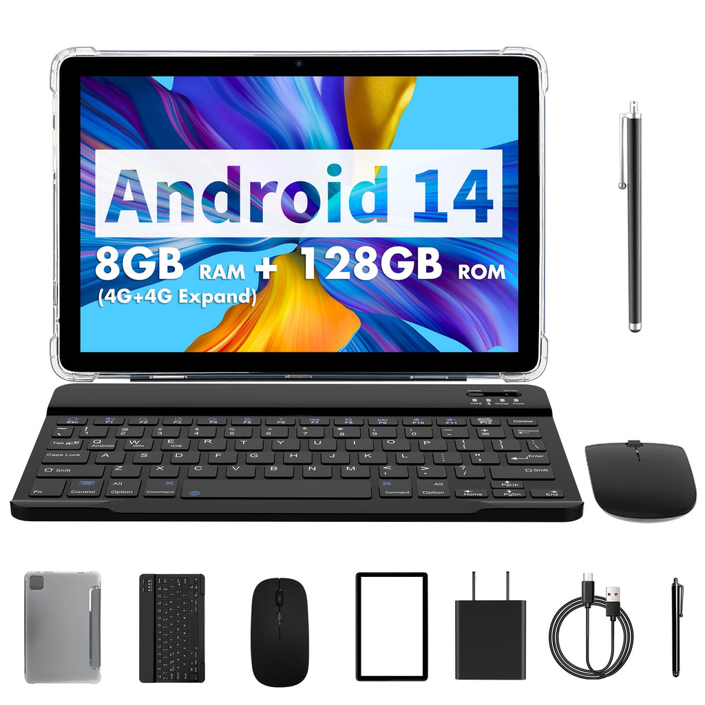 PRITOM Tablet 10.1-inch Android 14 operating system Tableta, 2-in-1 tablet with keyboard, mouse, protective case, stylus, 128GB ROM+(4GB+4GB expansion) RAM, 8MP dual camera, 8-core processor, 8000mAh battery, 1280 * 800IPS high-definition display, Tab, Wi