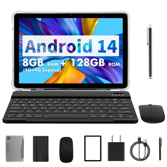 PRITOM Tablet 10.1-inch Android 14 operating system Tableta, 2-in-1 tablet with keyboard, mouse, protective case, stylus, 128GB ROM+(4GB+4GB expansion) RAM, 8MP dual camera, 8-core processor, 8000mAh battery, 1280 * 800IPS high-definition display, Tab, Wi