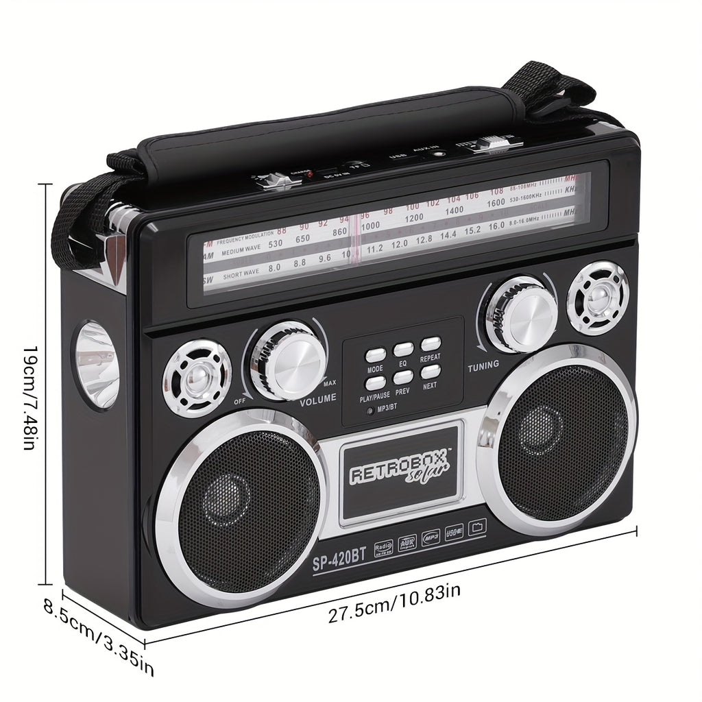 Portable 3-Band Radio with Wireless, Solar Panel, And LED Flashlight, Retro Wireless Speaker, AM/FM/SW Receiver with MP3 Playback, Telescopic Antenna, High Sensitivity, with Leather Handle, AUX/TF/SD, Ideal for Camping