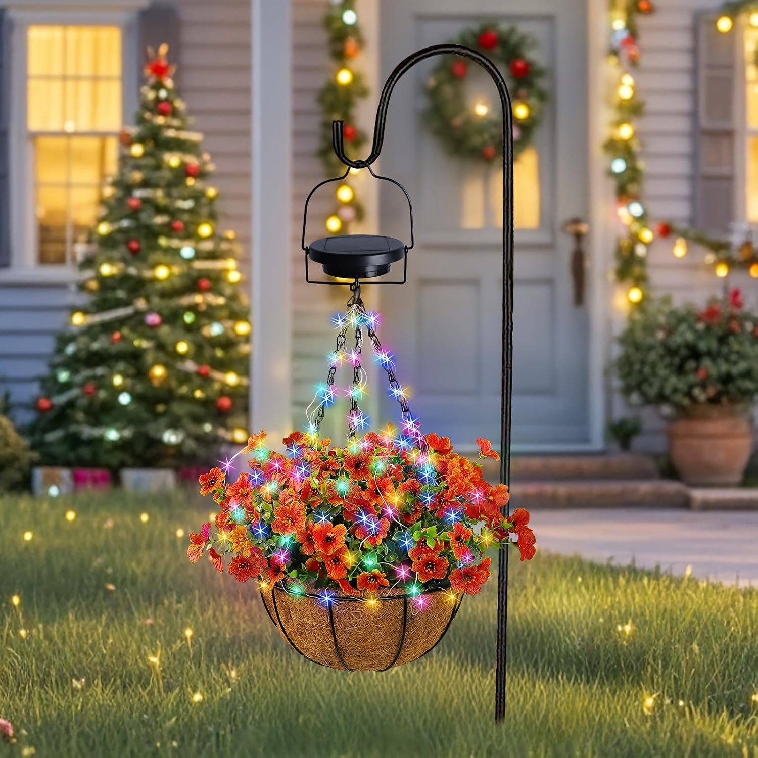 Solar Hanging Flower Basket Lights, Artificial Flowers with Solar RGB String Lights 10 Inch Coconut Hanging Flower Basket with Artificial Pink/Purple/Orange Flowers for Patio Lawn Garden Decorative Lights