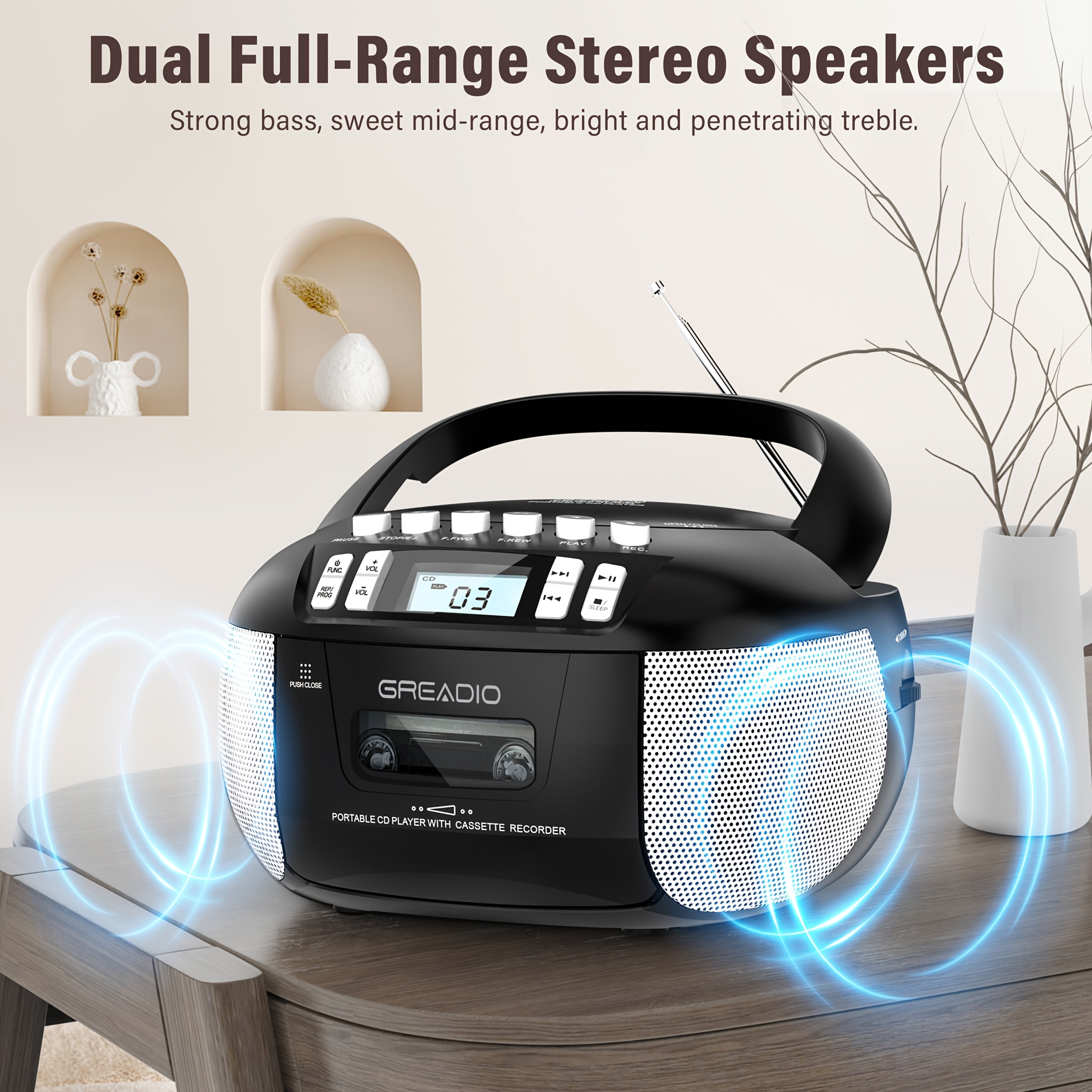 Greadio CD And Cassette Player Combo, Boombox CD Player Portable with AM/FM Radio, Tape Recording, Stereo Sound, AC/DC Powered, Aux/Headphone Jack, Sleep Timer for Home, Senior
