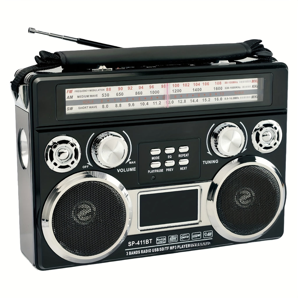 Portable 3-Band Radio with Wireless, Solar Panel, And LED Flashlight, Retro Wireless Speaker, AM/FM/SW Receiver with MP3 Playback, Telescopic Antenna, High Sensitivity, with Leather Handle, AUX/TF/SD, Ideal for Camping