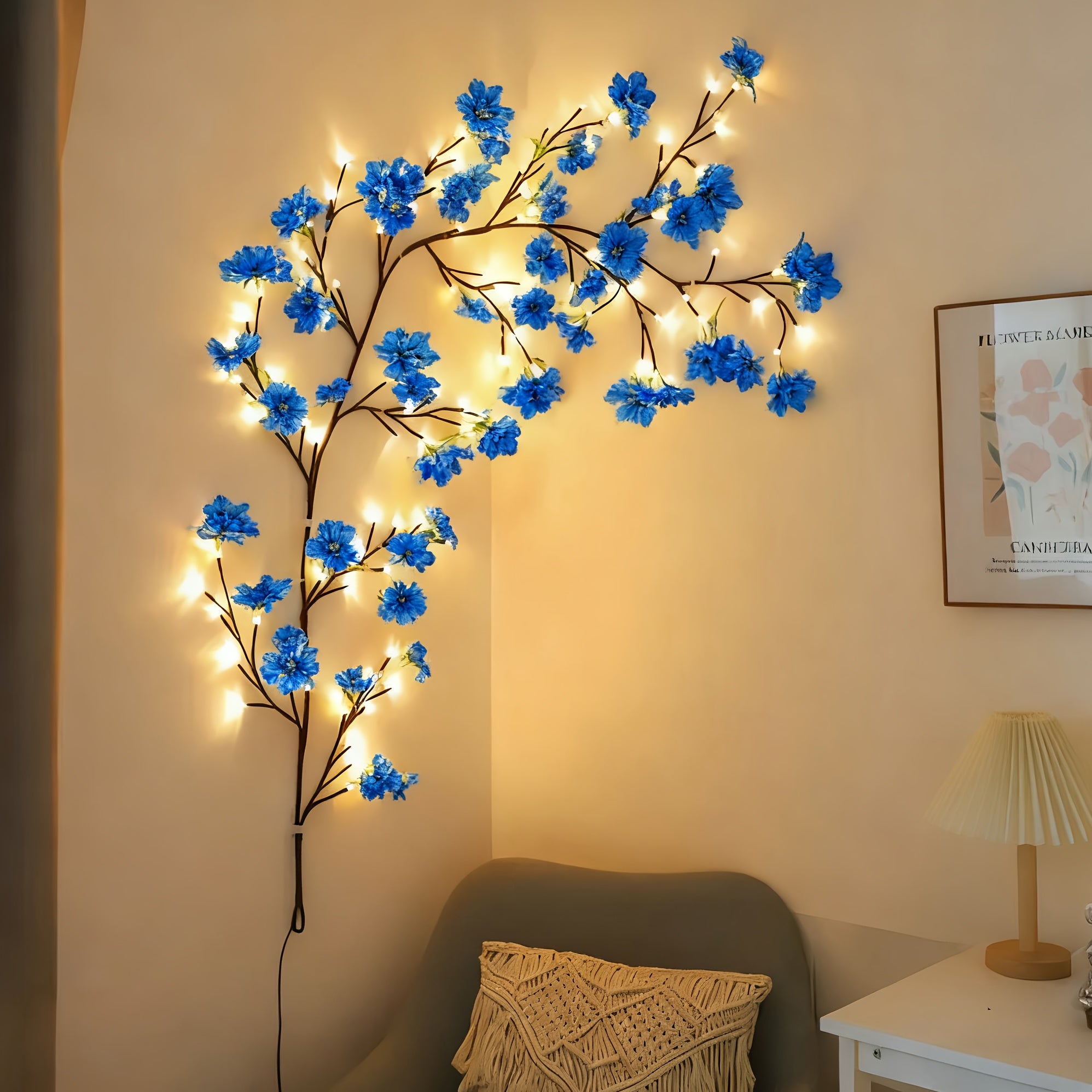 AMill 96-Light USB-Powered Cherry Blossom LED Fairy Lights - 5.9ft Faux Floral Garland with Dimmable Brightness, Warm & Cool Night Light, Plug & Play for Indoor Home Decor, Christmas, Bedroom, Kitchen, Party Decoration (No Batteries/Battery-Free