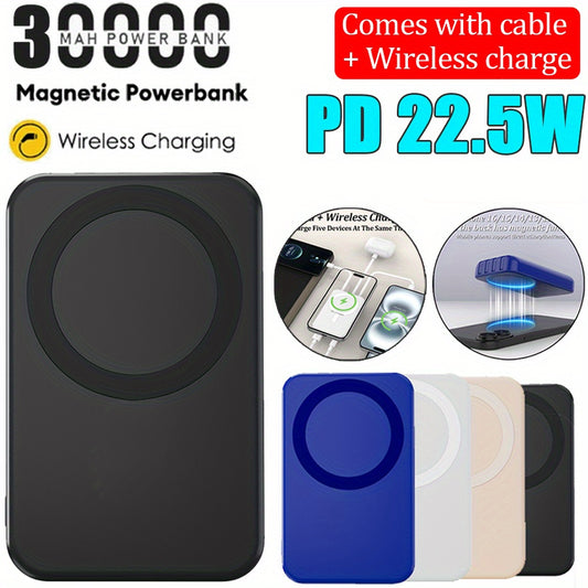 New Upgrade 30000mAh Magnetic Wireless Power Bank with LED Display, 22.5W Fast Charging, Built-in USB/ Type-C Cables for iPhone & Samsung, Android - Portable External Battery Pack, the Best Gift for Friends