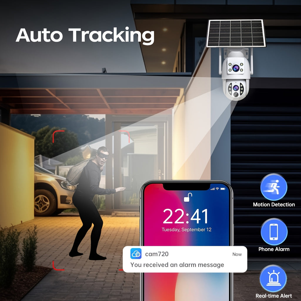 JOOAN Solar-Powered Outdoor Surveillance Camera Featuring 360° PTZ View, Dual Lenses & Display, 1296P HD Quality, Two-Way Communication, Motion Detection Alert, Color Night Vision, Rechargeable Battery, Wall Mounting, Wifi/Sd Storage