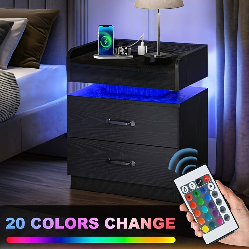 Modern LED Bedside Table with Charging Station, Wooden Bedside Table with Fabric Drawers And Blue LED Lighting, Stylish Bedroom Or Living Room End Table, Ambient Lighting Furniture with Fashionable Design And Multifunctional Drawer Design Gifts.