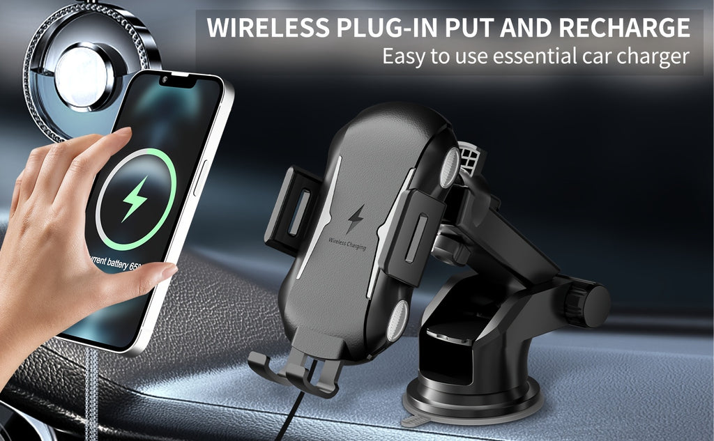Auto-Sensing Car Phone Mount - Wireless Charger Fast Charge with Vent Clip & Dashboard Suction, Auto-Lock Tech For, Smart Car Holder