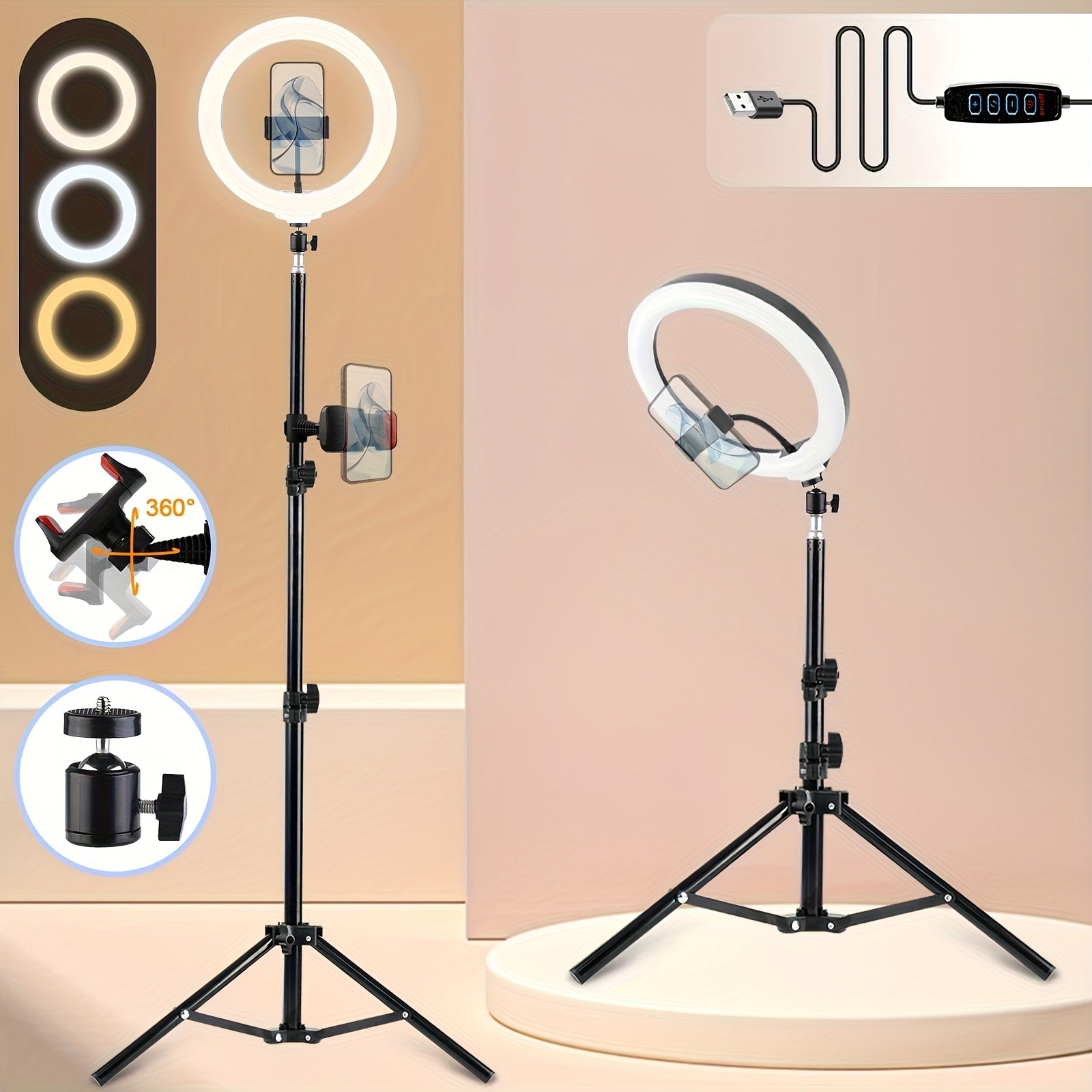 UEGOGO LED Photo Ring Light with 43-Inch Adjustable Stand Phone Holder, USB Powered Studio Lighting for Photography, Video Recording, And Streaming - Portable Circle Fill Light for Outdoor Use
