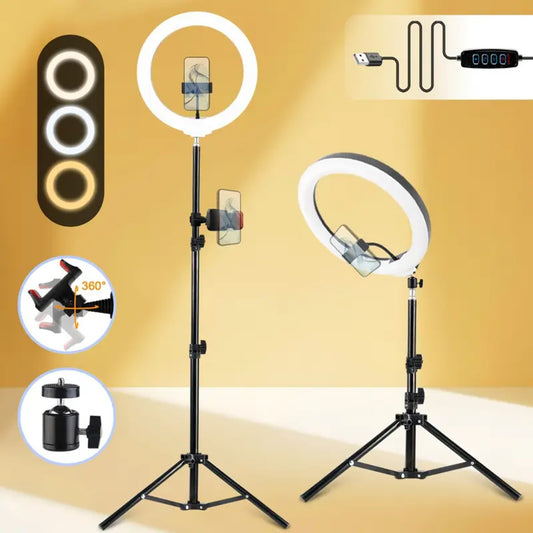The UEGOGO 10/12-Inch Selfie Ring Light Includes a 42-Inch Retractable Tripod Suitable for Video Recording And Live Streaming (Works with Youtube, Instagram, And Tiktok), And Is Compatible with Smartphones, Cameras, And Webcams. It Is The Preferred